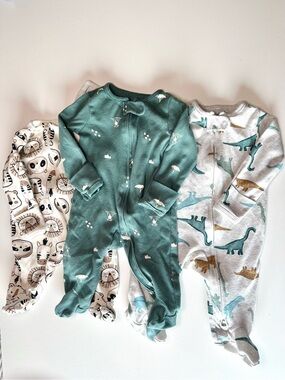 Carter's 3-Pack Footed Baby One-Pieces in Green, Gray & Cream Dino/Animal Prints